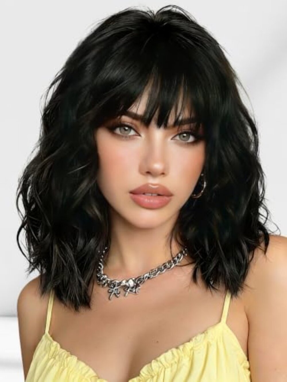 Black Wig with Bangs for Women 16 Inch Wavy Soft Lightweight Wigs